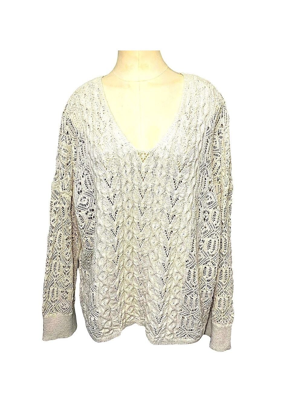 Zara Beige Crochet Cable Knit Sweater Sz S Oversized V Neck Long Sleeve Pullover - Picture 1 of 14